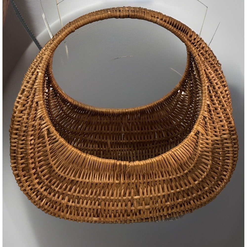 Vintage Handmade Round Half Moon Wicker Basket Antique Egg Gathering 15" x 15"